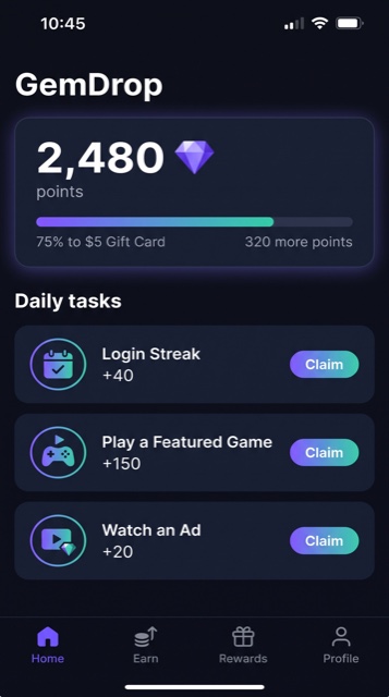 GemDrop app screen showing a points balance and daily tasks